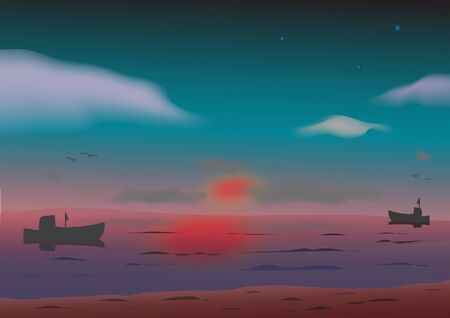 Sunset over sea clody birds ships and beach landscapeのイラスト素材