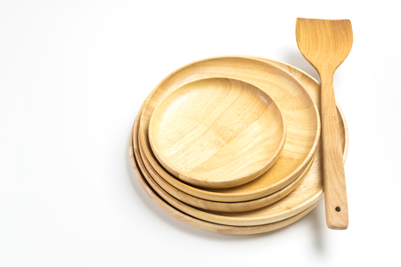 Wooden plates or trays with flipper or spade isolated on white backgroundの写真素材