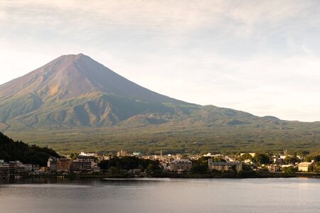 Mt. Fuji sunset in autumn at Lake Kawaguchiko in Yamanashi, Japanの写真素材