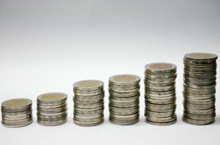 That baht currency coins of 10 Baht that are sorted on white or isolated background that ready for...