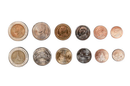 Many type of Thai coin that consist of 10, 5, 2, 1 , 0.50, 0.25 baht value front and back side on perfectly isolated white backgroundの写真素材