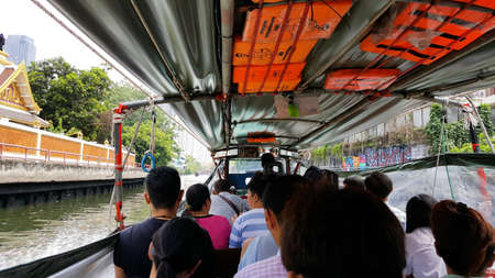 BANGKOK, THAILAND - MARCH 5, 2019: The Khlong Saen Saep boat service is servicing many of people who are want an express way to go to the destination across the canal by waterwayのeditorial素材