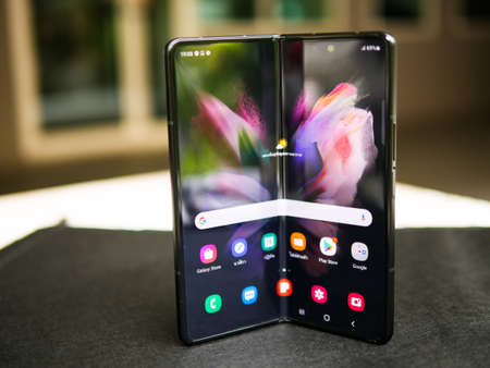 Bangkok, Thailand - August 11, 2021: Samsung officially launches the latest foldable flagship...