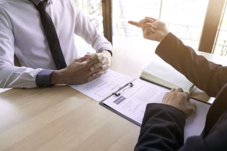 Job seeker listening interview employee talk about job description for job interview in the office,...