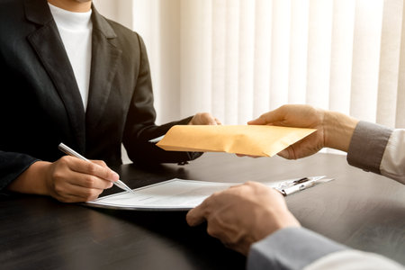 Customer is offering a bribe with an offer to officer, Corruption concept.の写真素材