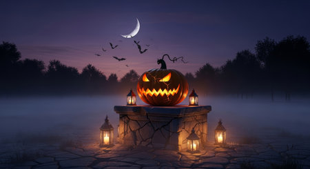 A spooky halloween scene with a glowing jack o lantern on a stone pedestal surrounded by lanterns under a crescent moon with flying bats.の素材