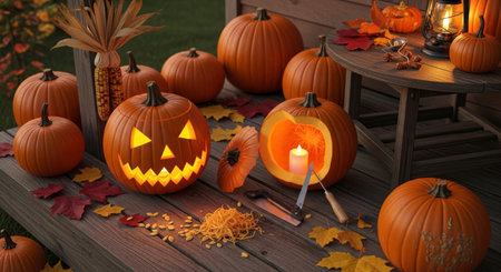 A vibrant halloween scene featuring carved pumpkins, fall leaves, and a warm candle glow, perfect for seasonal decor and festive celebrations.の素材
