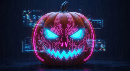 A digitally rendered halloween pumpkin with a neon circuit board design, glowing eyes, and a spooky tech theme in a dark virtual environment.の素材