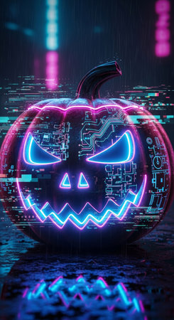 A neon jack o lantern with circuit board details sits on a reflective surface, glowing brightly in the dark night. It is a spooky halloween scene.の素材