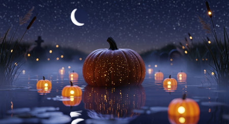 A halloween night scene with glowing pumpkins floating on water under a crescent moon creating a spooky yet tranquil atmosphere outdoors.の素材