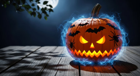 A glowing halloween pumpkin with bats and spiders sits on a wooden surface under a full moon night scene, creating a spooky and festive atmosphere.の素材