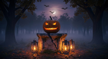 A spooky halloween scene featuring a glowing pumpkin on a stone pedestal, surrounded by lanterns, set in a dark and foggy forest at night.の素材