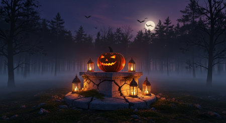 A jack o lantern sits atop a stone pedestal, surrounded by lanterns, in a spooky forest at night, under a full moon with bats flying around.の素材