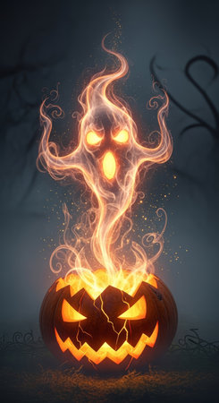 a halloween image with a ghost made of flames rising out of a jack o lantern, set against a dark background, creating a spooky atmosphere.の素材