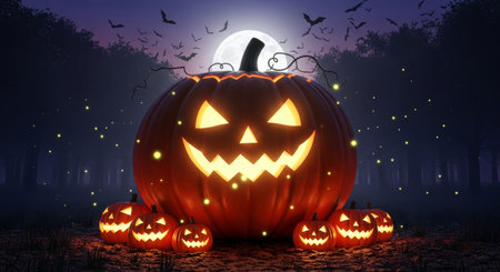 A spooky halloween scene featuring glowing jack o lanterns under a full moon with bats flying in the night sky, creating an eerie atmosphere.の素材