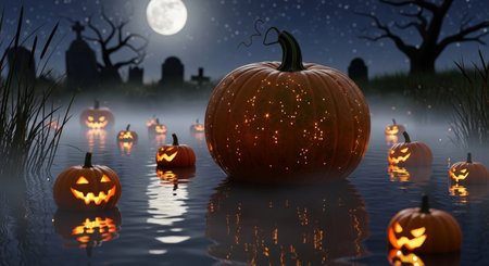 A spooky halloween scene with glowing pumpkins floating on water, set against a graveyard backdrop under the moonlight, creating an eerie atmosphere.の素材
