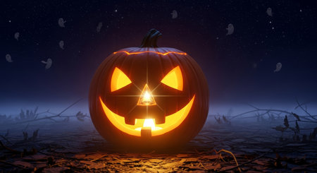 A glowing jack o lantern sits on the ground on a dark halloween night with ghosts in the sky, creating a spooky and festive atmosphere.の素材