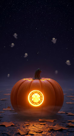 a halloween scene featuring a glowing pumpkin with ghosts under a starry sky, creating a spooky and festive atmosphere for the nightの素材