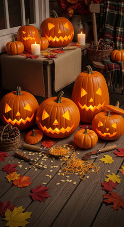 A festive halloween display featuring illuminated jack o lanterns and autumn leaves arranged on a rustic wooden surface creating a warm and cozy atmosphere.の素材