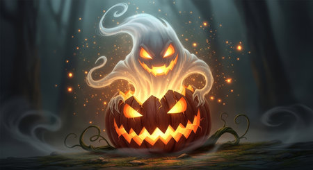 A chilling halloween image featuring a ghost emerging from a carved pumpkin, set against a dark and mysterious backdrop. Spooky and festive.の素材
