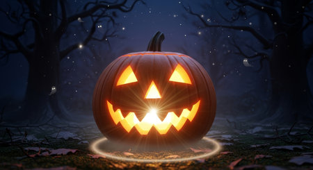 A glowing jack o lantern sits in a spooky forest on a dark halloween night, surrounded by ghosts and stars, creating an eerie scene.の素材