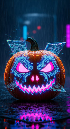 A cyberpunk halloween pumpkin with glowing circuit board details, reflected on a wet surface, under a rainy and vibrant neon lit night.の素材