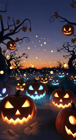 A halloween night with glowing pumpkins, eerie trees, and a starry sky. The scene is spooky and festive, perfect for the autumn holiday.の素材
