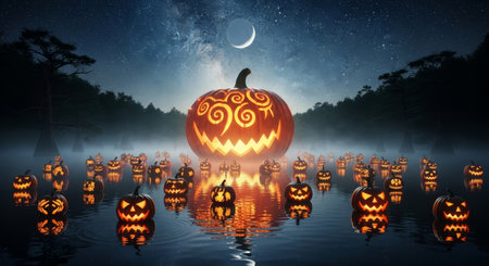 A spooky halloween scenery featuring pumpkins on a lake, reflecting the starry sky and crescent moon, creating an eerie and festive atmosphere.の素材