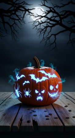 a halloween pumpkin with bat and spider carvings is illuminated under a full moon, creating a spooky and eerie atmosphere on a wood tableの素材