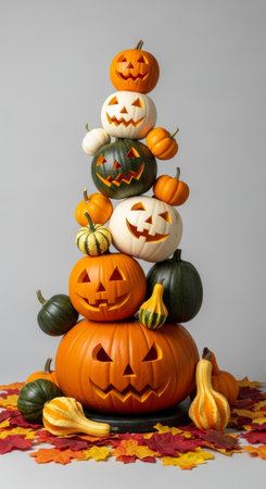 A tower of carved pumpkins and squash sits atop a bed of colorful fall leaves, creating a festive halloween decoration. The pumpkins are stackedの素材
