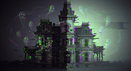 A spooky haunted mansion at night, surrounded by ghostly figures and glitch effects, creating an eerie and surreal atmosphere of digital horror.の素材