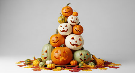 a festive arrangement of stacked pumpkins and gourds with carved faces, perfect for halloween decoration on a clean white background scene.の素材