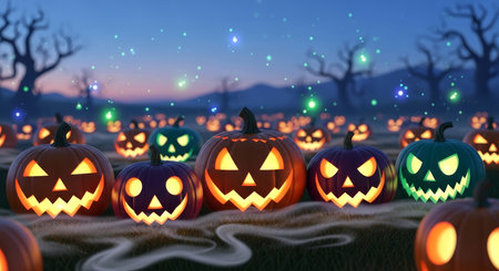 A spooky field of glowing jack o lanterns under a dark blue sky sets a festive halloween mood with carved pumpkins and eerie fog.の素材