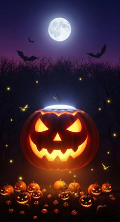 A spooky halloween night scene with glowing pumpkins, bats flying under a full moon, and fireflies illuminating the dark atmosphere.の素材