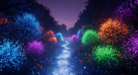a magical forest scene featuring a glowing stream winding through trees illuminated with vibrant, colorful lights under a starlit night skyの素材