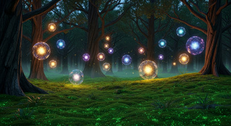a magical forest is filled with glowing orbs, illuminating the lush green ground cover and creating an enchanting, dreamlike atmosphere.の素材