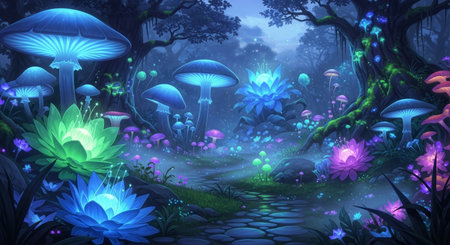 a captivating forest with vibrant glowing mushrooms and flowers, bathed in a mystical blue light, creating a magical and enchanting atmosphereの素材
