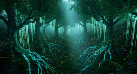 A captivating forest scene at night, featuring glowing vines, exposed roots, and fireflies, creating a mystical and enchanting atmosphere.の素材