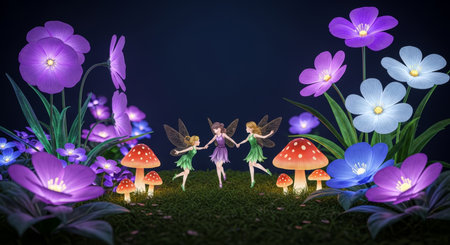three fairies dance in a magical garden, surrounded by glowing flowers and mushrooms, creating a whimsical and enchanting nighttime illustrationの素材