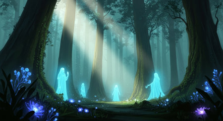 a digital painting of a forest with glowing figures and blue flowers, illuminated by bright sunlight rays creating a mystical and ethereal sceneの素材