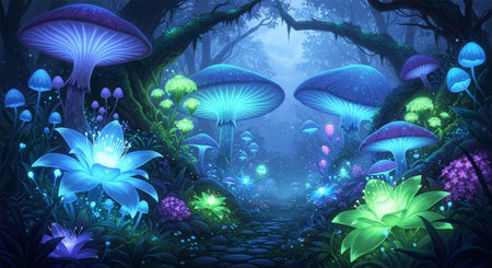 a beautiful illustration of a magical forest with glowing mushrooms and flowers in blue, green, and purple creating a dreamlike atmosphereの素材