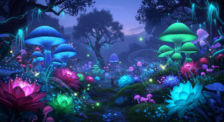 A magical forest scene with bioluminescent mushrooms and flowers under a twilight sky, creating a surreal and enchanting atmosphere.の素材
