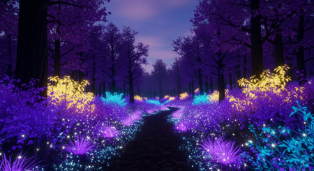a beautiful and enchanting forest scene with a dark path, glowing plants, and tall trees under a twilight sky creating a mystical atmosphereの素材