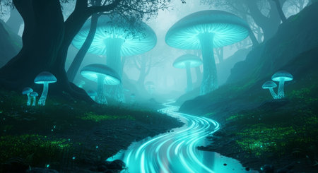 a captivating scene of a forest illuminated by glowing mushrooms, with a stream of light flowing through, creating a magical atmosphereの素材