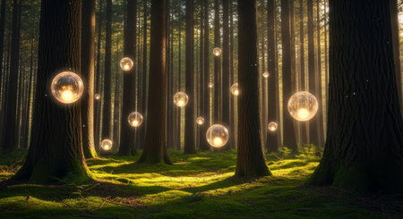a captivating forest scene with glowing orbs suspended between trees, creating a magical and ethereal atmosphere on the moss covered groundの素材