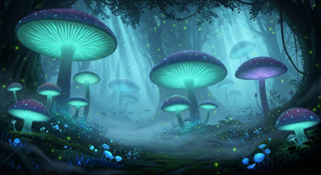 a magical forest is illuminated by glowing mushrooms, creating a whimsical and enchanting scene filled with ethereal blue light and wonderの素材