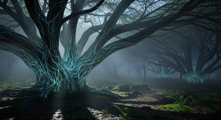 A dark and foggy forest with glowing trees creates a mystical and enchanting atmosphere, inviting viewers into a surreal and dreamlike landscape.の素材