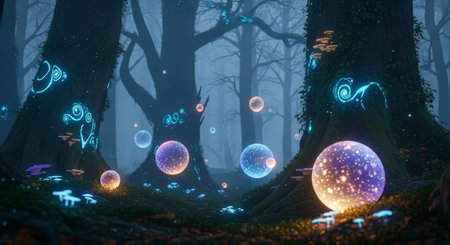 a captivating forest with glowing orbs and mushrooms, trees adorned with luminous patterns, creating an enchanting and magical atmosphere withinの素材