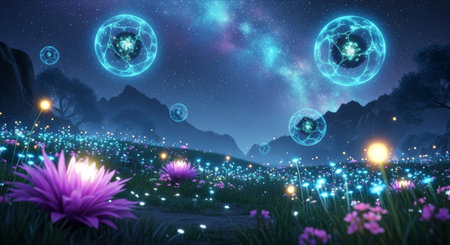 a dreamy landscape with glowing flowers illuminating a field under a starry sky, with floating orbs adding a mystical touch to the sceneの素材