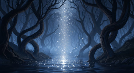A dark forest with a stream of water reflecting light. The trees are twisted and gnarled, creating a mystical and enchanting atmosphere.の素材